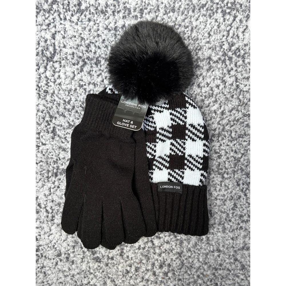 London Fog Women’s Hat & Glove Set Pom Beanie Buffalo Plaid Black White
